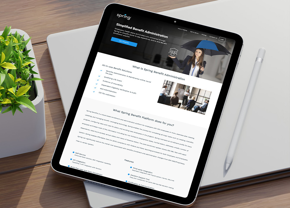 Exela's Spring Employee Benefits software on a tablet showing a text overview of the platform